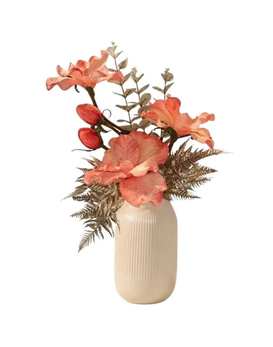"Coral Serenity" Ribbed Ceramic Vase Arrangement