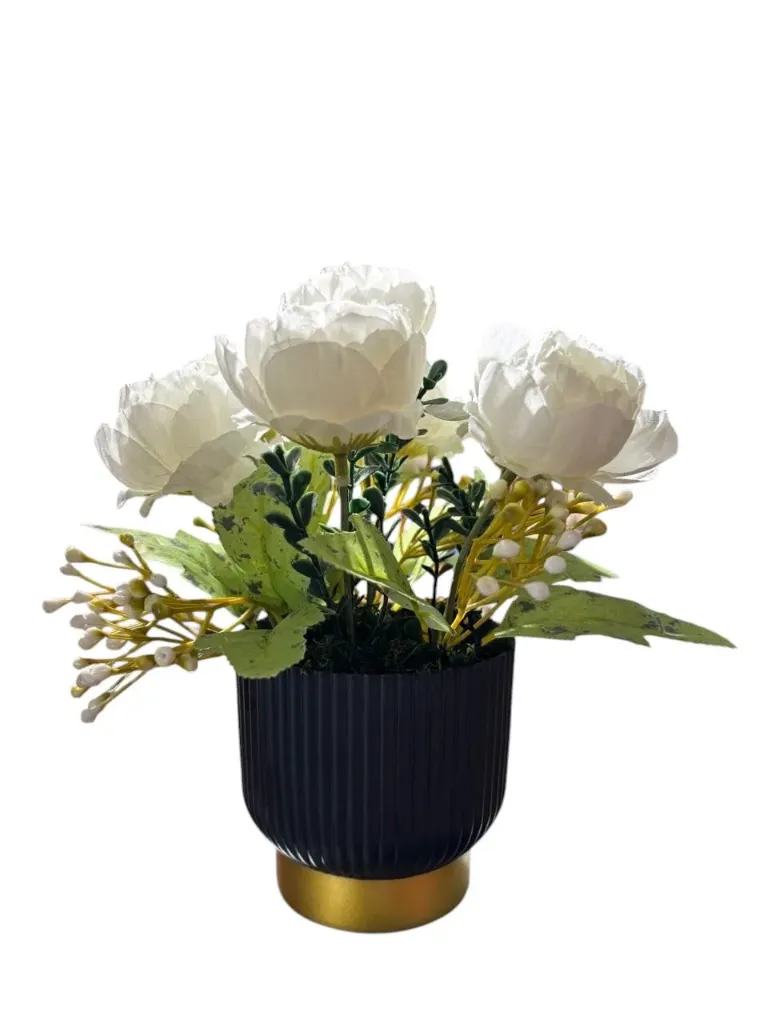 Artificial White Rose With Black & White Pot