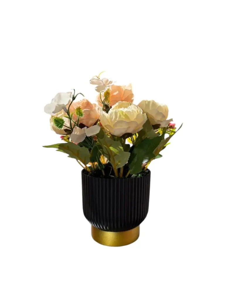 Artificial Yellow Rose With Black & White Pot
